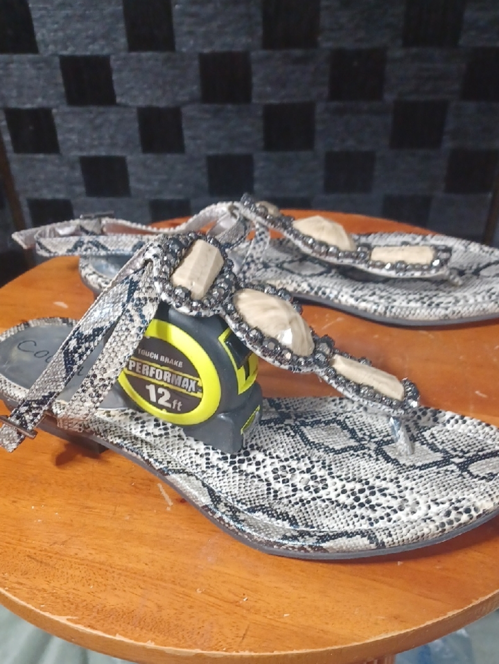 Everly Black Flat Sandal with Snakeskin-Pattern Strap